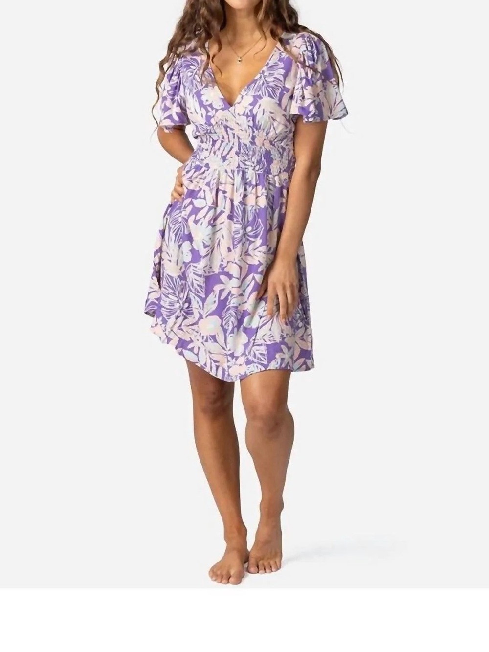Rip Curl Palm Party Smocked Tropical Mini Dress Purple M